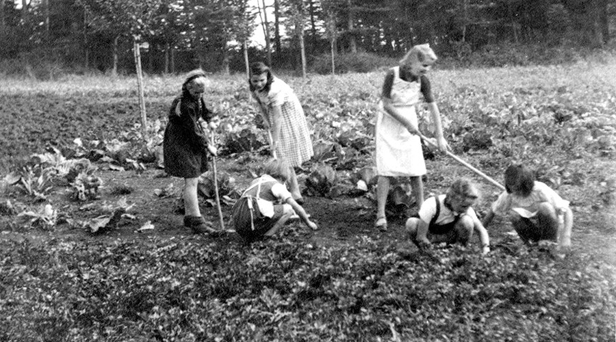 Kinder bei der Gartenarbeit in den 50-zigern
